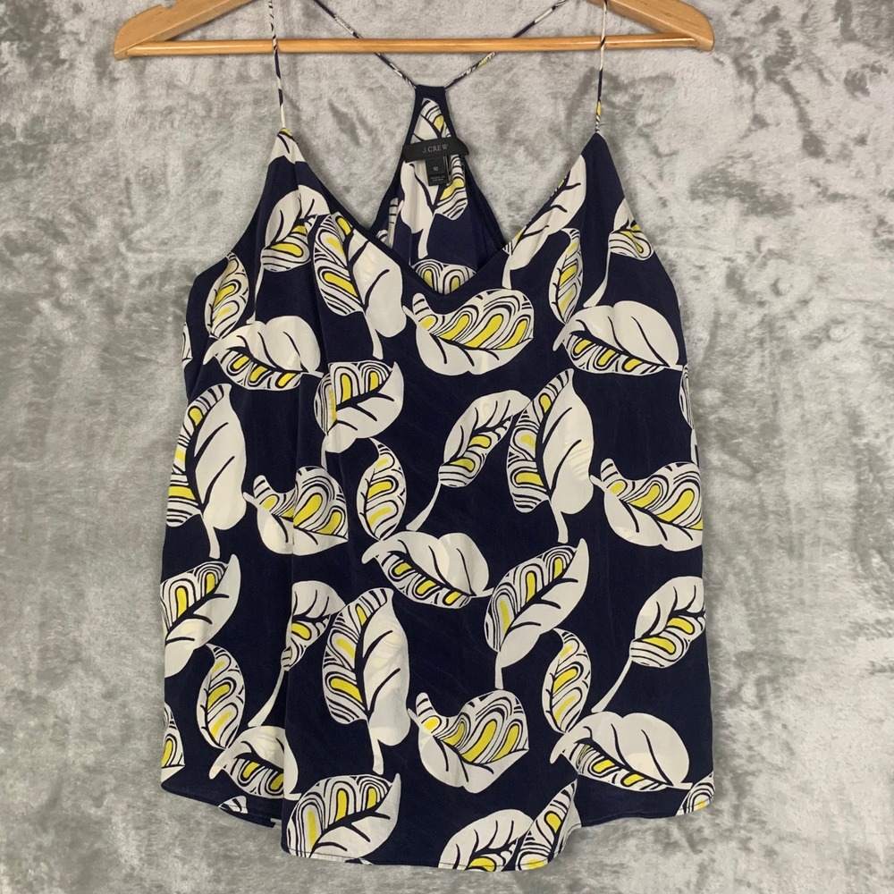 J.Crew Carrie Cami 100% Silk Tropical Leaf Print Navy Blue Tank Top C4268 Sz 10